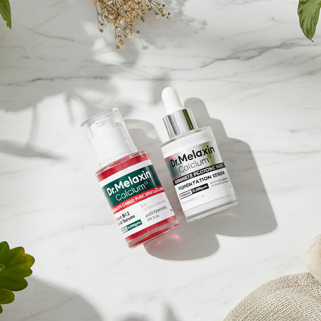 Dr.Melaxin serums flat lay with plants